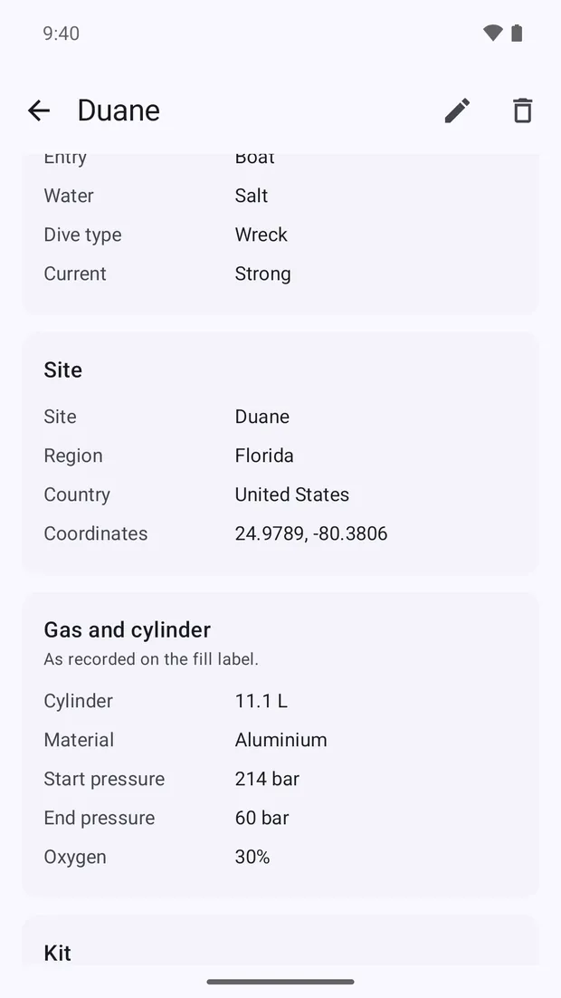 The same dive scrolled down to its site, region, country and coordinates.