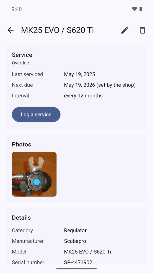 A regulator's service history: dates, what was done and what it cost.