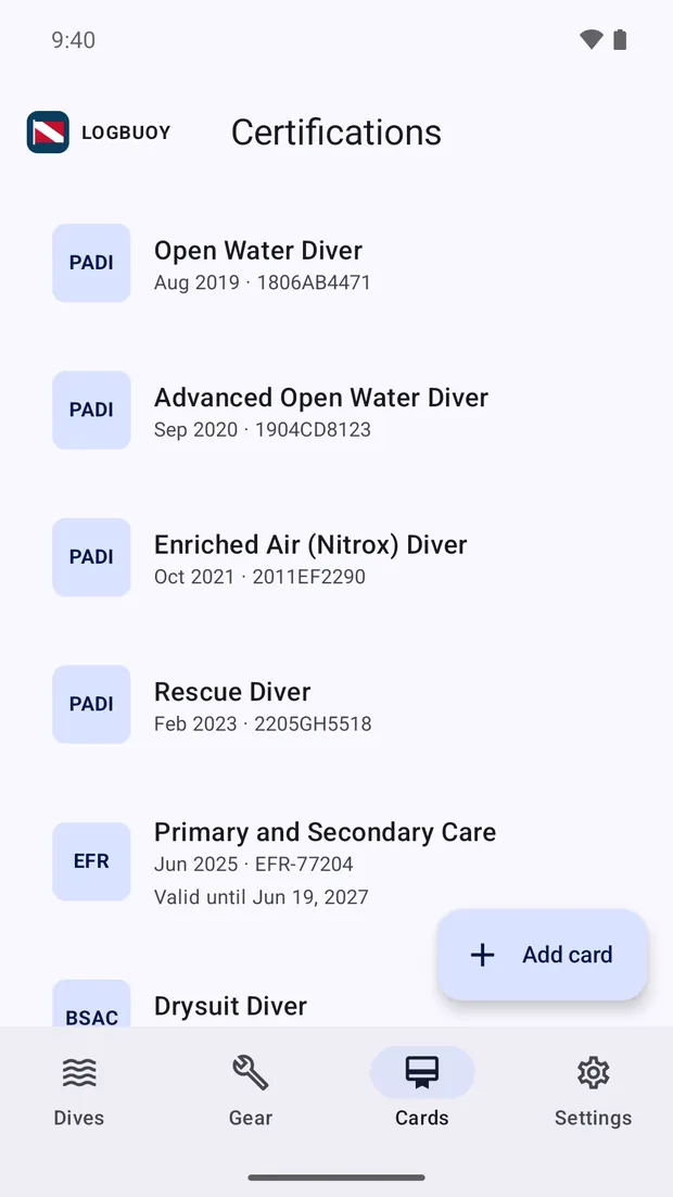 Certification cards with agency, course, number and dates.