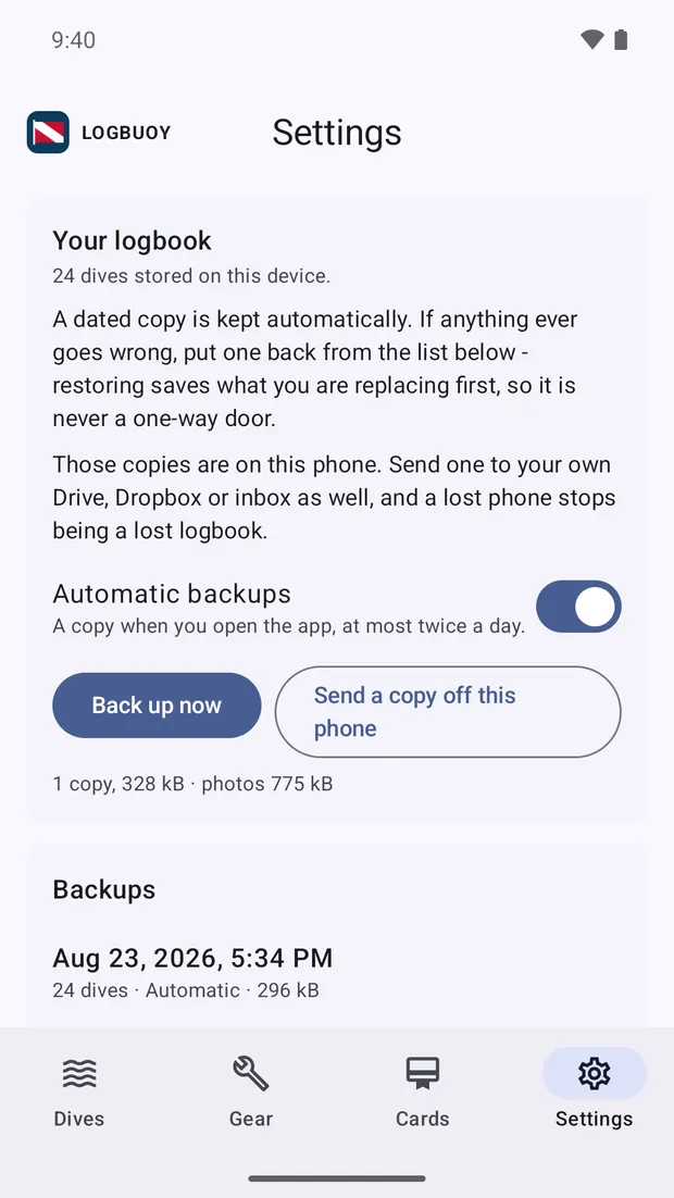 Dated backups of the logbook, with the option to send one off the phone.