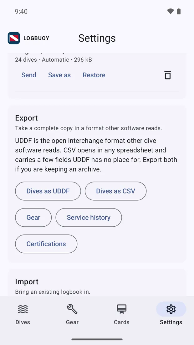 The import and export screen offering UDDF and CSV.